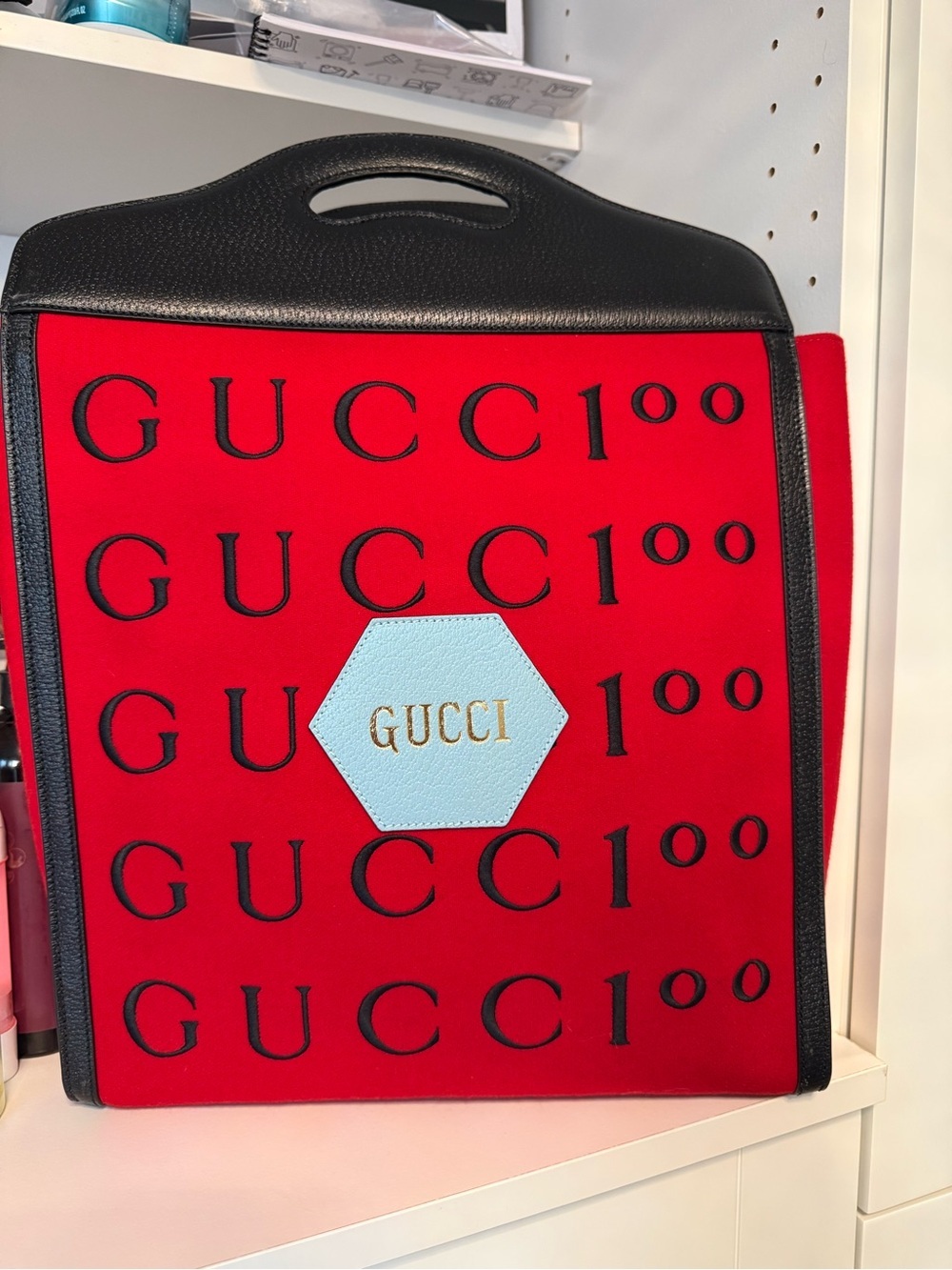 Gucci Red Logo Tote with Black Trim and Light Blue Patch